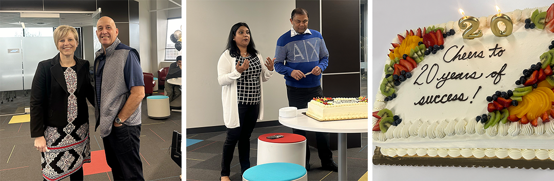 Images of people in business office celebrating company anniversay