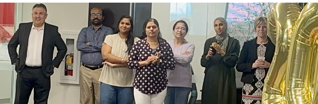 Images of people in business office celebrating company anniversay