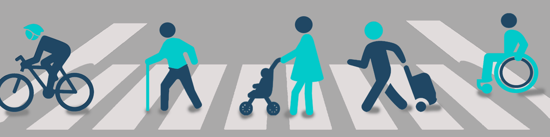 Graphic of individuals walking in crosswalk, each with a different device: wheelchair, stroller, walking cane, roller suitcase.