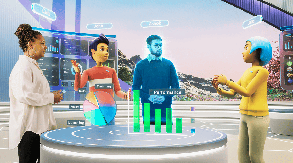 A group collaborating in the metaverse including team members looking as they do in real life and others in avatar form. Working around a virtual meeting environment.